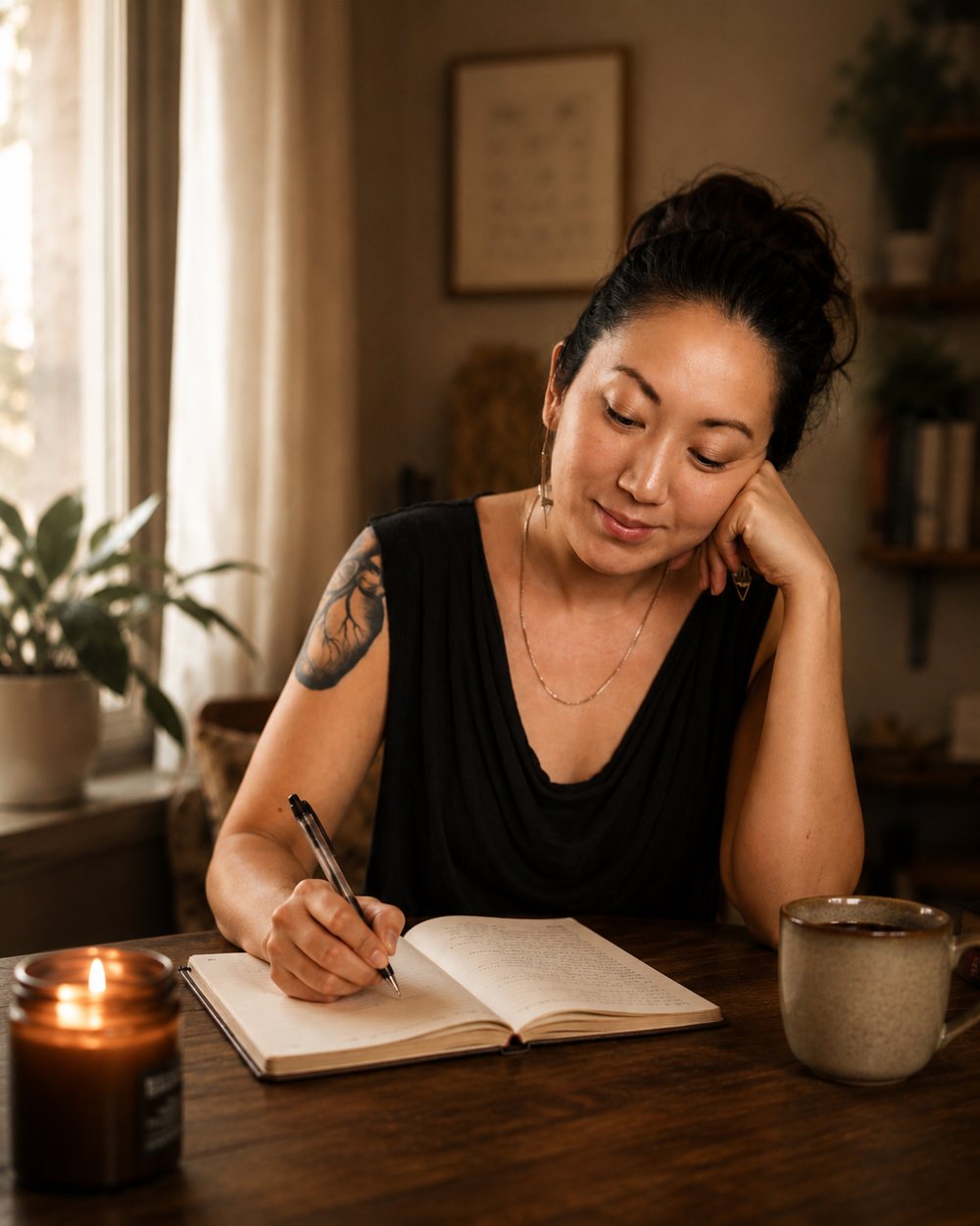 Lan at a wooden table writing in a journal, with a candle and a mug beside her